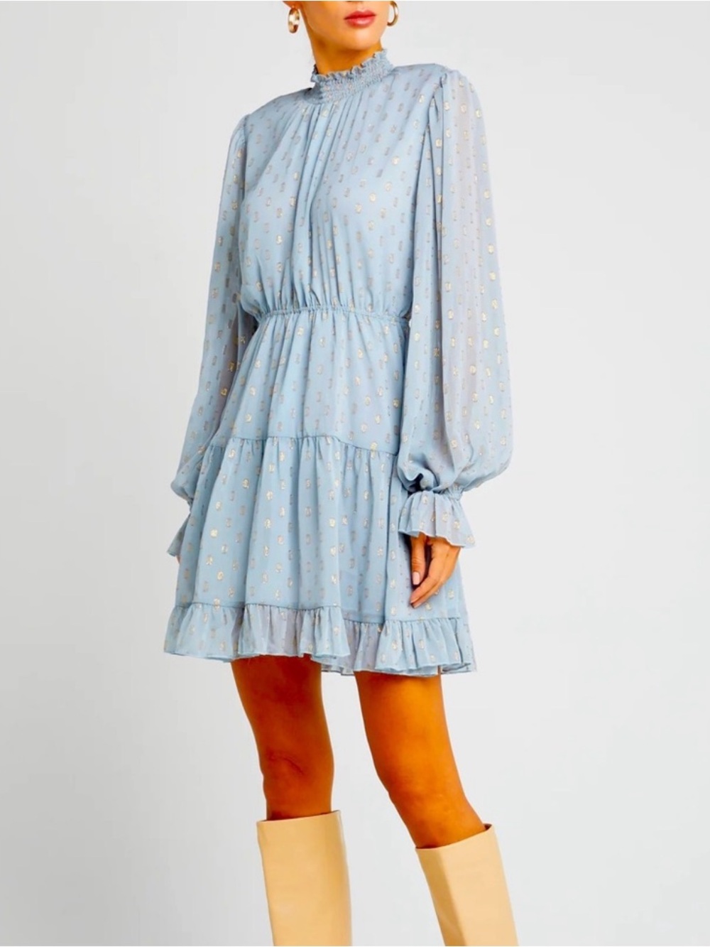 O.P.T. Anthropologie - Lluvia Long Sleeve Dress - Light Blue/Gold - Size Large